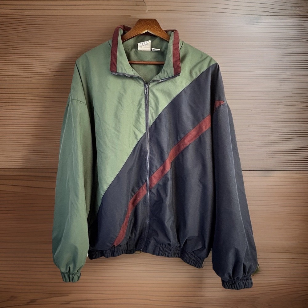 Vtg 90s Champion Windbreaker L Track Jacket Bomber Blue‎ Green Stripe Colorblock